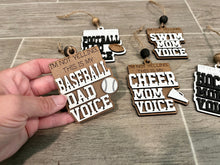 Load image into Gallery viewer, Sports Mom Dad Christmas Ornament Tag File SVG, Glowforge, Car Charm, Bag Tag, Football,Cheer, Soccer, Hockey, Baseball, LuckyHeartDesignsCo