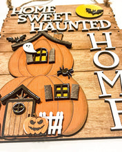 Load image into Gallery viewer, Home Sweet Haunted Home Sign File SVG, Pumpkin, Spooky Tree, Halloween Glowforge Sign, LuckyHeartDesigns