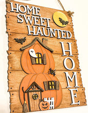 Load image into Gallery viewer, Home Sweet Haunted Home Sign File SVG, Pumpkin, Spooky Tree, Halloween Glowforge Sign, LuckyHeartDesigns