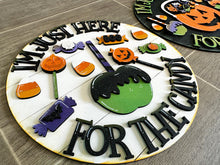 Load image into Gallery viewer, Just Here For The Candy Round Halloween Door Hanger File SVG, Pumpkin, Trick or Treat Glowforge Sign, LuckyHeartDesigns