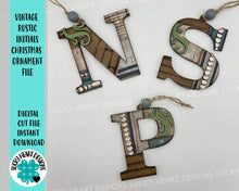 Load image into Gallery viewer, Vintage Rustic Initial Christmas Ornament File SVG, Glowforge, Wedding Gift Tag, Keychain Tag , LuckyHeartDesignsCo