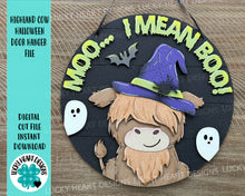 Load image into Gallery viewer, Highland Cow Halloween Door Hanger File SVG, Farm Glowforge, Witch, LuckyHeartDesignsCo