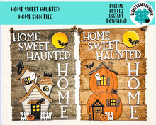 Load image into Gallery viewer, Home Sweet Haunted Home Sign File SVG, Pumpkin, Spooky Tree, Halloween Glowforge Sign, LuckyHeartDesigns