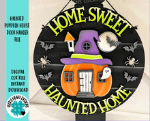 Load image into Gallery viewer, Haunted Pumpkin House Door Hanger Sign File SVG, Halloween Glowforge Sign, LuckyHeartDesigns