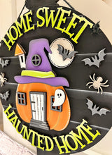 Load image into Gallery viewer, Haunted Pumpkin House Door Hanger Sign File SVG, Halloween Glowforge Sign, LuckyHeartDesigns