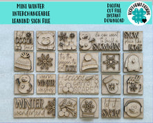 Load image into Gallery viewer, MINI Winter Interchangeable Leaning Sign File SVG, Snowman, Hot Cocoa, Snowflake, Mittens, Tiered Tray Glowforge, LuckyHeartDesignsCo