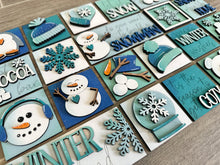 Load image into Gallery viewer, MINI Winter Interchangeable Leaning Sign File SVG, Snowman, Hot Cocoa, Snowflake, Mittens, Tiered Tray Glowforge, LuckyHeartDesignsCo