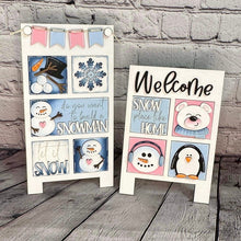 Load image into Gallery viewer, MINI Winter Interchangeable Leaning Sign File SVG, Snowman, Hot Cocoa, Snowflake, Mittens, Tiered Tray Glowforge, LuckyHeartDesignsCo