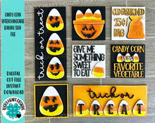 Load image into Gallery viewer, Candy Corn Interchangeable Leaning Sign File SVG, Glowforge Tiered Tray, Halloween, LuckyHeartDesignsCo