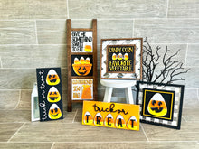 Load image into Gallery viewer, Candy Corn Interchangeable Leaning Sign File SVG, Glowforge Tiered Tray, Halloween, LuckyHeartDesignsCo