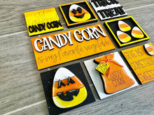 Load image into Gallery viewer, MINI Candy Corn Interchangeable Leaning Sign File SVG, Pumpkin, Halloween Tiered Tray Glowforge, LuckyHeartDesignsCo