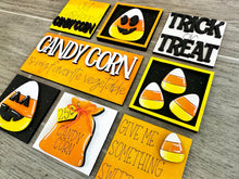 Load image into Gallery viewer, MINI Candy Corn Interchangeable Leaning Sign File SVG, Pumpkin, Halloween Tiered Tray Glowforge, LuckyHeartDesignsCo