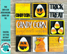 Load image into Gallery viewer, MINI Candy Corn Interchangeable Leaning Sign File SVG, Pumpkin, Halloween Tiered Tray Glowforge, LuckyHeartDesignsCo