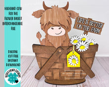 Load image into Gallery viewer, Highland Cow For The Flower Basket Interchangeable File SVG, Tiered Tray, Glowforge, LuckyHeartDesignsCo