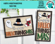Load image into Gallery viewer, Happy HalloThanksMas Sign File SVG, Glowforge, Halloween, Thanksgiving, Christmas, LuckyHeartDesignsCO