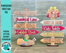 Load image into Gallery viewer, Thanksgiving Street Sign File SVG, Glowforge Pilgrim, Pumpkin, LuckyHeartDesignsCo
