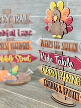 Load image into Gallery viewer, Thanksgiving Street Sign File SVG, Glowforge Pilgrim, Pumpkin, LuckyHeartDesignsCo