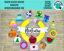 Load image into Gallery viewer, Pencil School Round Welcome Interchangeable SVG FILE, Teacher, Holiday, Seasonal Shapes, glowforge, LuckyHeartDesignsCo