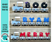 Load image into Gallery viewer, Alphabet Standing Train File SVG, Glowforge, Christmas, Nursery, Baby Name, Personalized, Interchangeable Tiered Tray, LuckyHeartDesignsCo