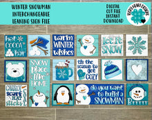 Load image into Gallery viewer, Snowman Winter Interchangeable Leaning Sign File SVG, glowforge Snowman, Hot Cocoa, Tiered Tray, LuckyHeartDesignsCo