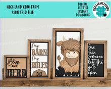 Load image into Gallery viewer, Highland Cow Farm Sign Trio File SVG, Glowforge Farmhouse, LuckyHeartDesignsCo