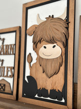 Load image into Gallery viewer, Highland Cow Farm Sign Trio File SVG, Glowforge Farmhouse, LuckyHeartDesignsCo