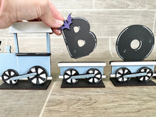 Load image into Gallery viewer, Alphabet Standing Train File SVG, Glowforge, Christmas, Nursery, Baby Name, Personalized, Interchangeable Tiered Tray, LuckyHeartDesignsCo