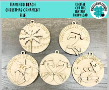 Load image into Gallery viewer, Flamingo Beach Christmas Ornament File SVG, Glowforge, Crab, Shells, Palm Tree, LuckyHeartDesignsCo