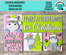 Load image into Gallery viewer, Christmas Hippopotamus Interchangeable Leaning Sign File SVG, Tired Tray, Glowforge, LuckyHeartDesignsCo