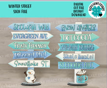 Load image into Gallery viewer, Winter Street Sign File SVG. Sledding, Hot Cocoa, Snowman Glowforge, LuckyHeartDesignsCo