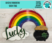 Load image into Gallery viewer, Lucky Rainbow Sign file SVG, Glowforge, Clover Door Hanger, LuckyHeartDesignsCo