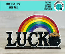 Load image into Gallery viewer, Standing Luck Sign Trio file SVG, Rainbow, Glowforge, St. Patrick's Day, Clover, LuckyHeartDesignsCo