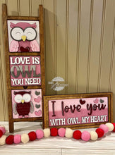 Load image into Gallery viewer, Valentine Owl Interchangeable Leaning Sign File SVG, Glowforge Tiered Tray, LuckyHeartDesignsCo