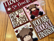 Load image into Gallery viewer, Valentine Highland Cow Interchangeable Leaning Sign File SVG, Glowforge Tiered Tray, LuckyHeartDesignsCo
