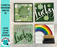 Load image into Gallery viewer, ST. Patrick's Day Lucky Interchangeable Leaning Sign File SVG, Glowforge Tiered Tray, LuckyHeartDesignsCo