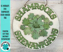 Load image into Gallery viewer, St. Patrick's Day Shamrocks Door Hanger file SVG, Glowforge, Clover, LuckyHeartDesignsCo