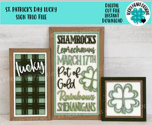 Load image into Gallery viewer, St. Patrick's Day Lucky Sign Trio File SVG, Glowforge Lucky Clover Shamrock, LuckyHeartDesignsCo