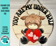 Load image into Gallery viewer, Highland Cow Valentines Door Hanger File SVG, Glowforge Farm, LuckyHeartDesignsCo