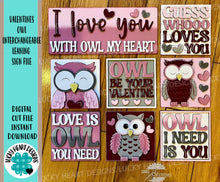 Load image into Gallery viewer, Valentine Owl Interchangeable Leaning Sign File SVG, Glowforge Tiered Tray, LuckyHeartDesignsCo