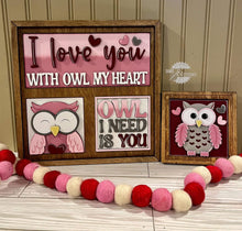 Load image into Gallery viewer, Valentine Owl Interchangeable Leaning Sign File SVG, Glowforge Tiered Tray, LuckyHeartDesignsCo