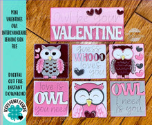 Load image into Gallery viewer, MINI Valentines Owl Interchangeable Leaning Sign File SVG, Heart, Love, Cupid Tiered Tray Glowforge, LuckyHeartDesignsCo