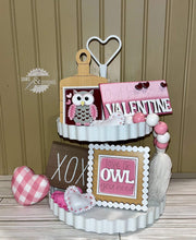 Load image into Gallery viewer, MINI Valentines Owl Interchangeable Leaning Sign File SVG, Heart, Love, Cupid Tiered Tray Glowforge, LuckyHeartDesignsCo