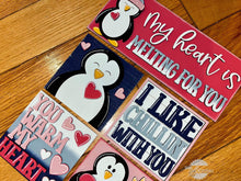 Load image into Gallery viewer, Penguin Valentine Interchangeable Leaning Sign File SVG, Glowforge Tiered Tray, LuckyHeartDesignsCo