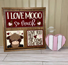 Load image into Gallery viewer, Valentine Highland Cow Interchangeable Leaning Sign File SVG, Glowforge Tiered Tray, LuckyHeartDesignsCo