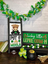 Load image into Gallery viewer, Highland Cow St. Patrick's Day Interchangeable Leaning Sign File SVG, Glowforge Tiered Tray, LuckyHeartDesignsCo