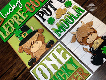 Load image into Gallery viewer, Highland Cow St. Patrick's Day Interchangeable Leaning Sign File SVG, Glowforge Tiered Tray, LuckyHeartDesignsCo