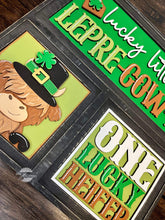 Load image into Gallery viewer, Highland Cow St. Patrick's Day Interchangeable Leaning Sign File SVG, Glowforge Tiered Tray, LuckyHeartDesignsCo