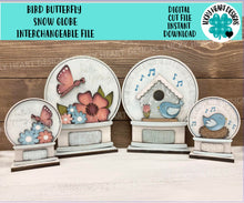 Load image into Gallery viewer, Bird Butterfly Spring Snow Globe Interchangeable File SVG, Glowforge, Birdhouse, Flower, Tiered Tray LuckyHeartDesignsCo
