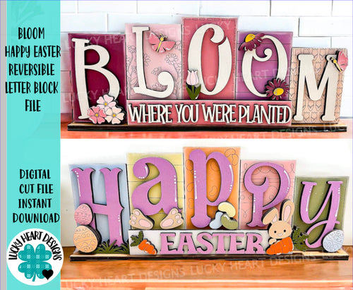 Bloom Happy Easter Reversible Blocks File SVG, Tiered Tray Spring, Bunny, Flowers, Glowforge, LuckyHeartDesignsCo