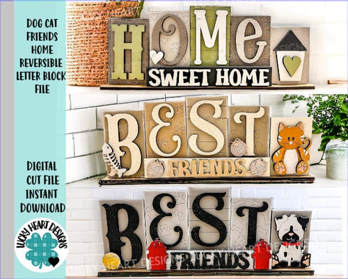 Dog Cat Best Friends Home Reversible Blocks File SVG, Tiered Tray, Letters, Pet, Scrabble, Family, Glowforge, LuckyHeartDesignsCo